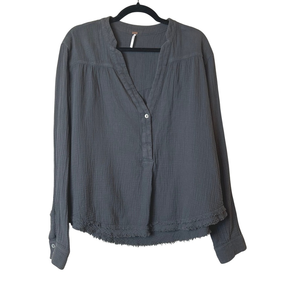 Free People Oversized Grey Cotton Gauze Frayed Hem V-Neck Top S Granola Boho